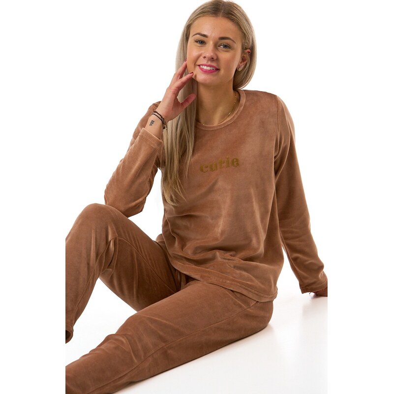 Naspani Dámské pyžamo z hřejivého weluru čokoládově hnědé - cutie 110142219