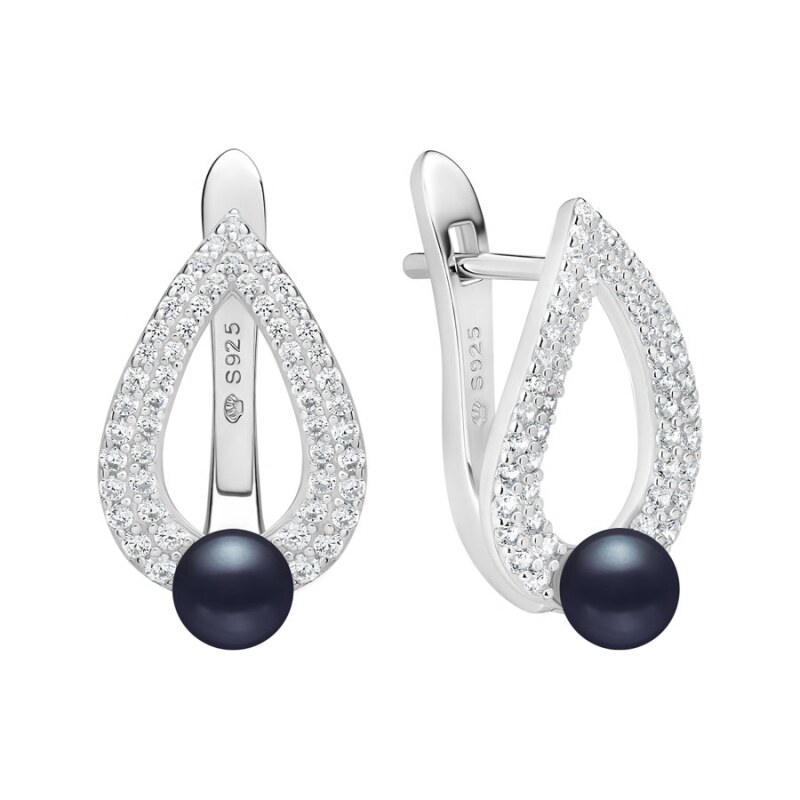 Gaura Pearls Stříbrné náušnice s černou perlou a zirkony Graciela - 110194237