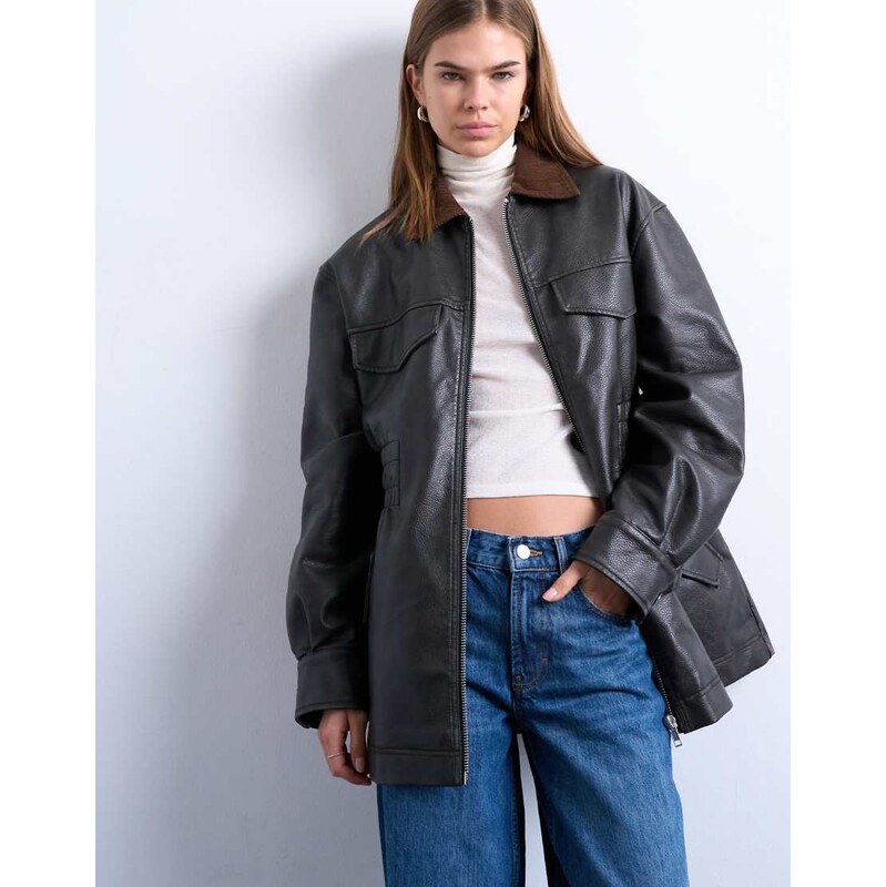 Topshop cinch waist PU jacket with contrast cord collar in black