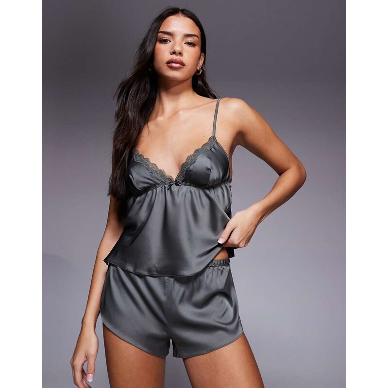 Boux Avenue Kaya satin cami set with lace detail in khaki-Green 110761485
