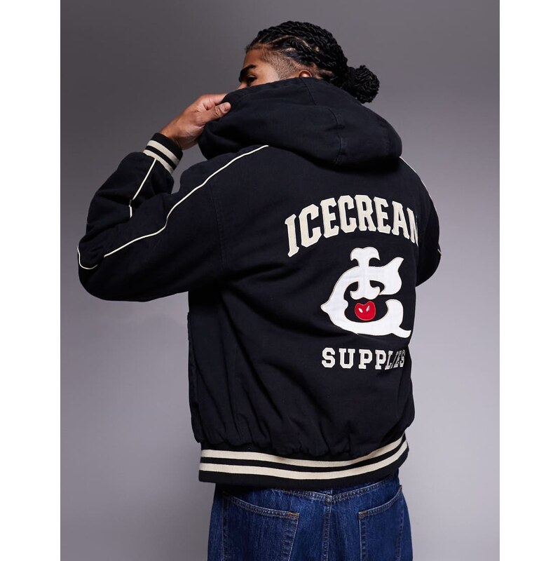 ICECREAM hooded lined worker jacket in black with embroidered