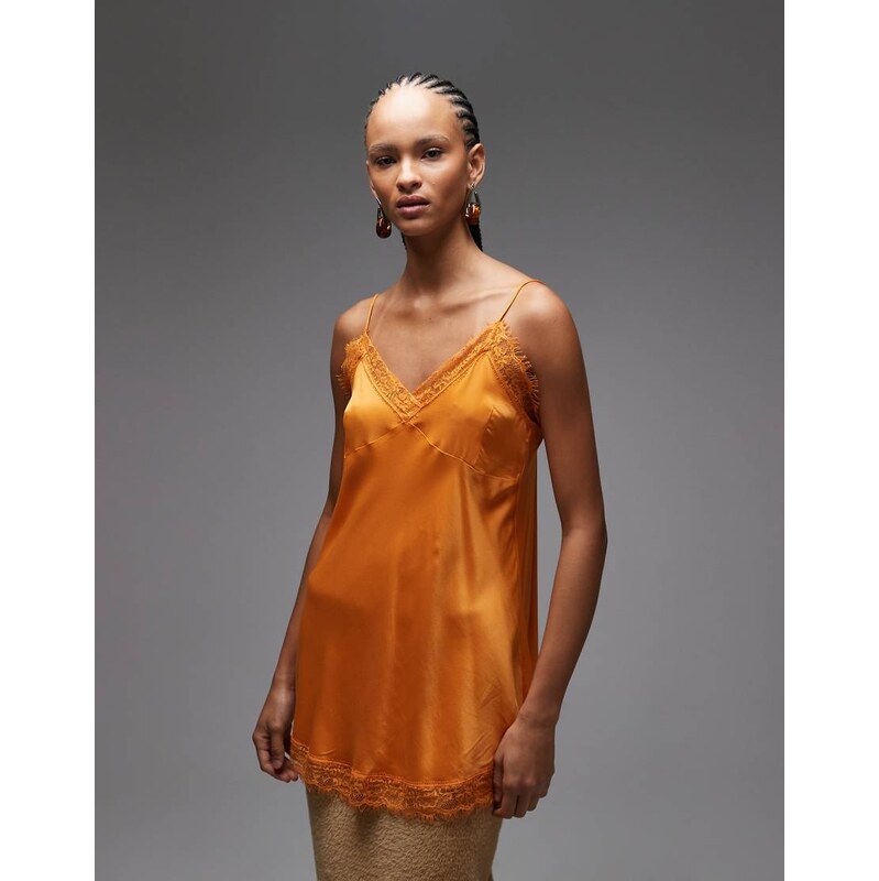 ASOS DESIGN lace trim satin cami top in tangerine orange 110196436