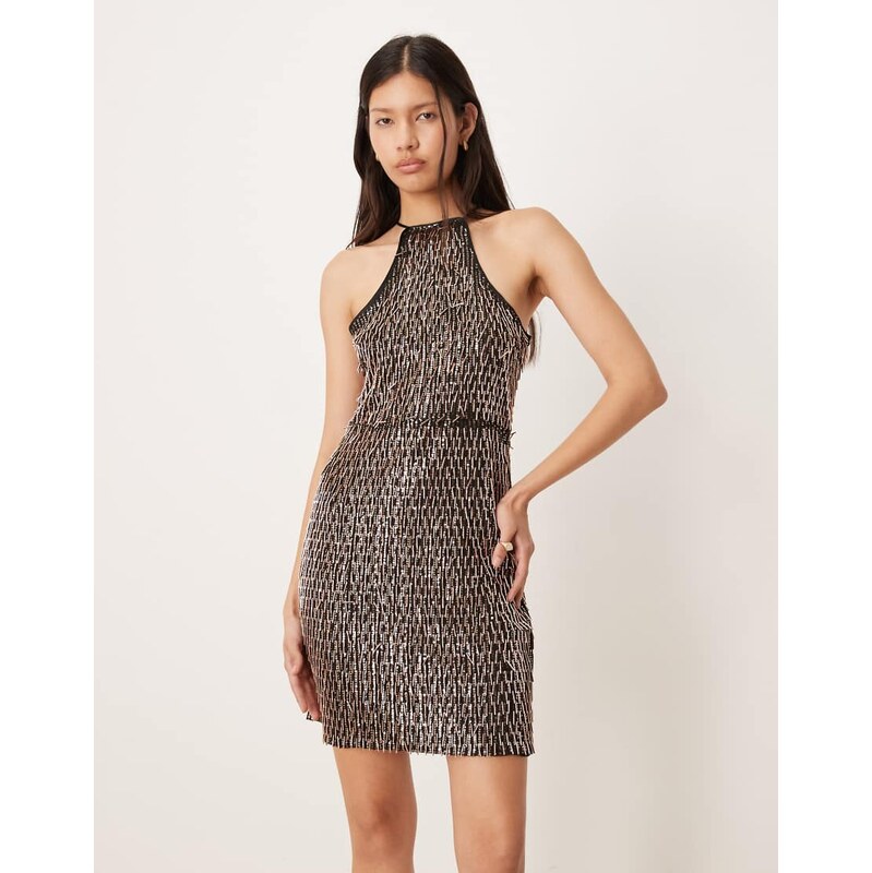 Amy Lynn curled sequin cut away mini dress in black and gold 110637262