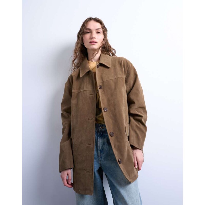 Topshop boxy mid length high break faux suede jacket in brown 113260115