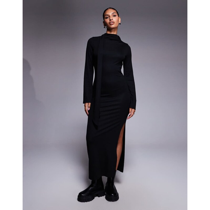 ASOS DESIGN scarf detail fluted sleeve midi dress in black