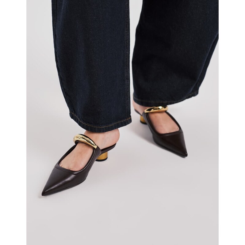 JW PEI Helena mules with gold metal detail in brown