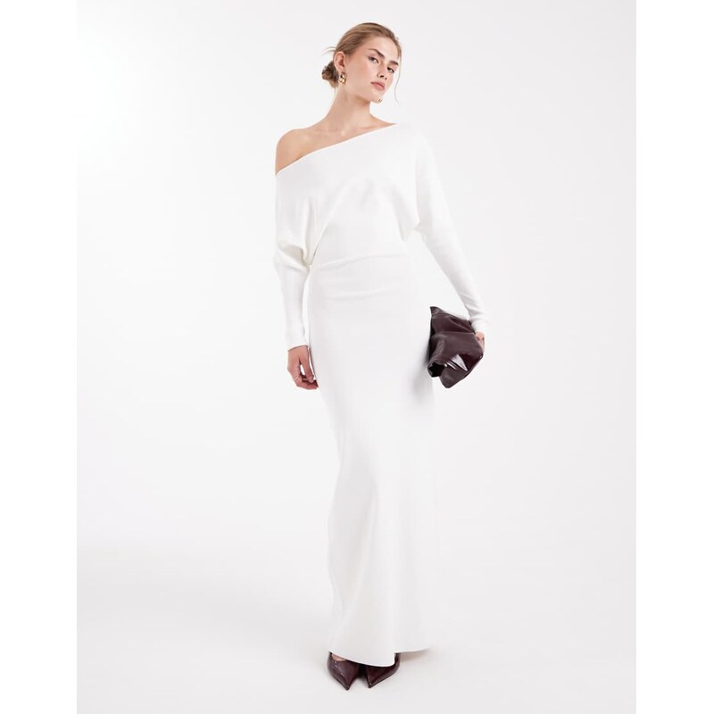 WeWoreWhat fine knit asymmetric off shoulder maxi dress in white
