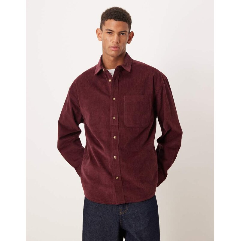 ASOS DESIGN oversized cord shirt in burgundy-Red