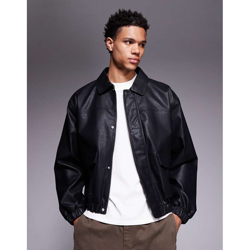 ASOS DESIGN bomber jacket in faux leather in black