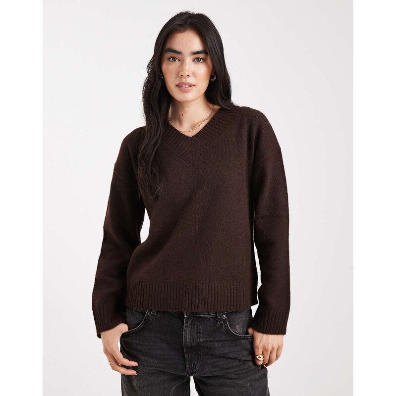Brave Soul v-neck soft touch jumper in brown