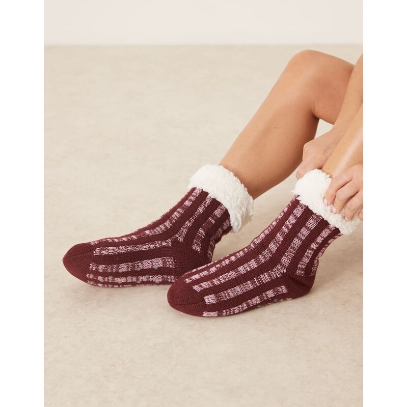 ASOS DESIGN fluffy slipper socks in burgundy and pink 110275188