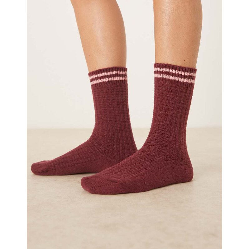 ASOS DESIGN super soft waffle rib socks in burgundy with pink