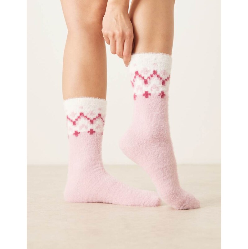ASOS DESIGN super fluffy fairisle pattern socks in pink multi