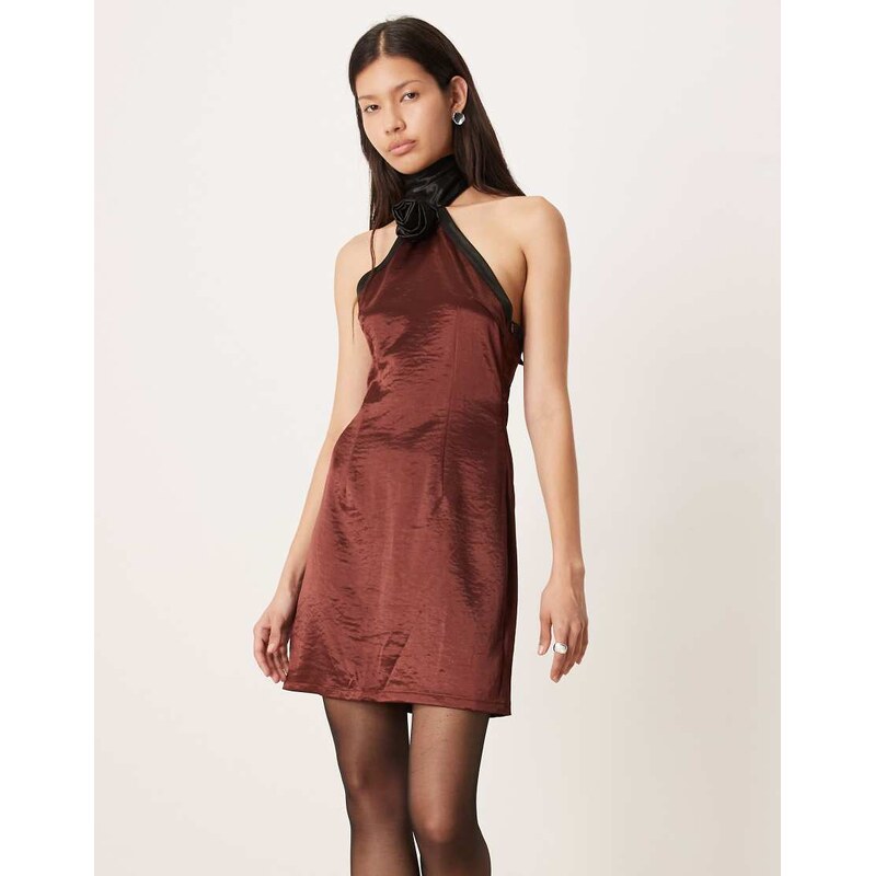 Amy Lynn contrast halter neck satin mini dress in brown and black 110275215