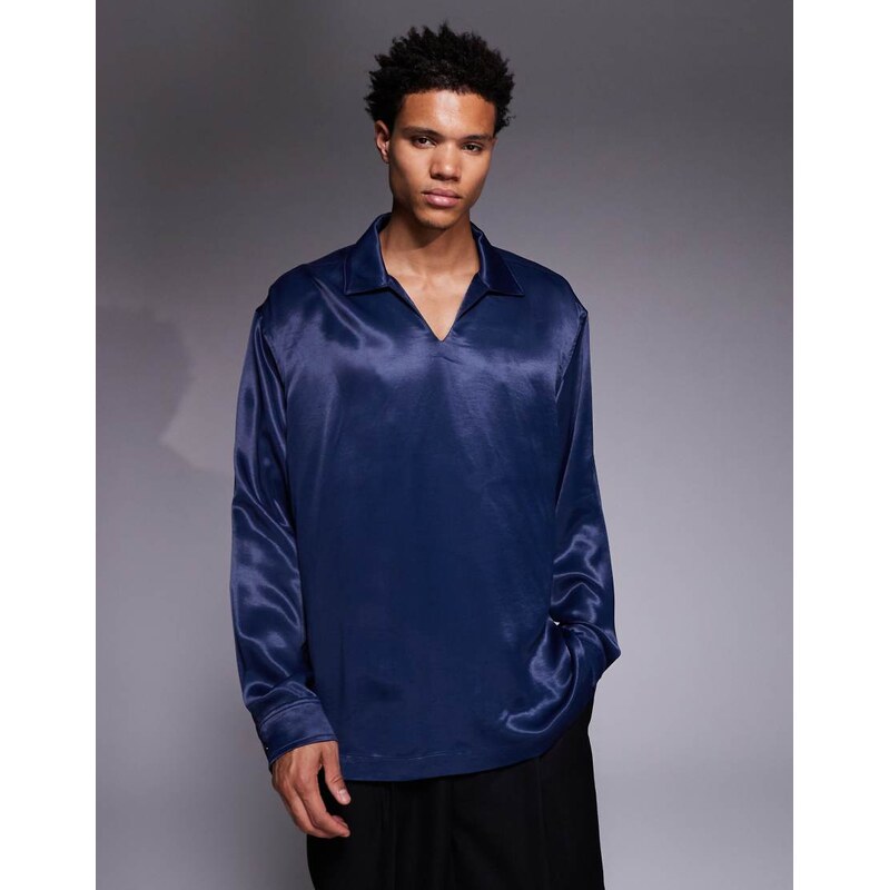 ASOS DESIGN oversized satin overhead shirt in navy