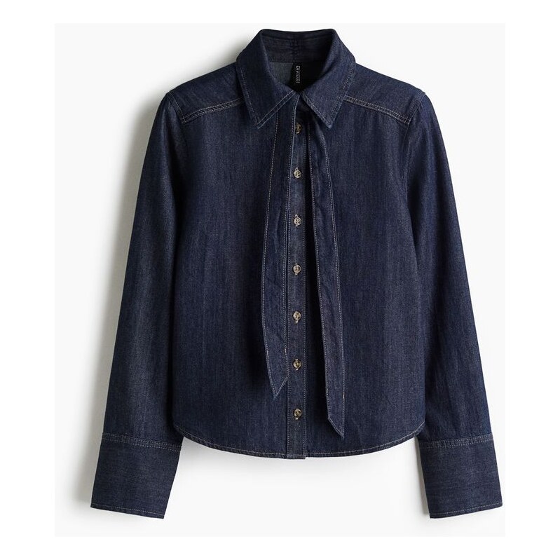 H&M - Džínová halenkas mašlí - Tmavý Denim Blue