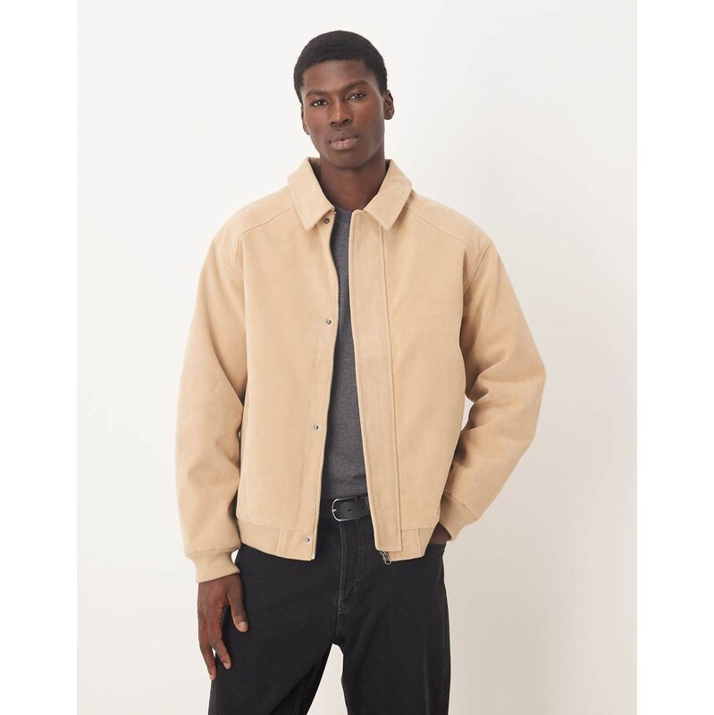 ASOS DESIGN bomber jacket in faux suede in stone-Neutral