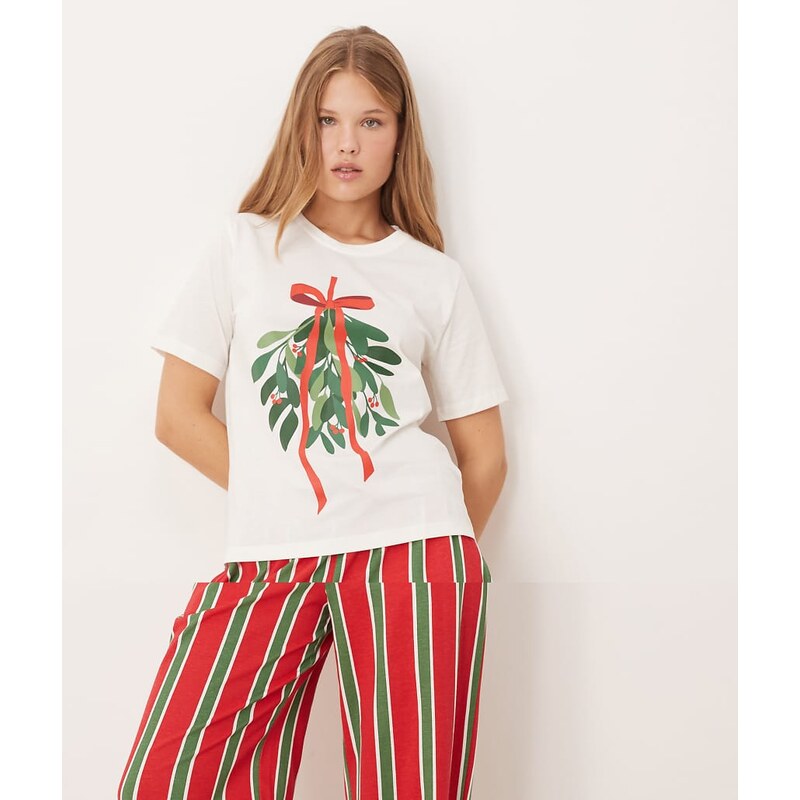 Threadbare short sleeve mistletoe print pyjamas with stripe trouser in 110311484