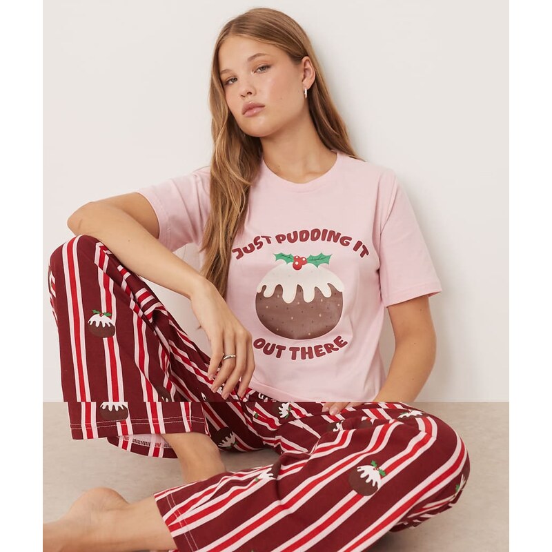Threadbare short sleeve christmas pudding pyjamas with stripe trouser 110311485