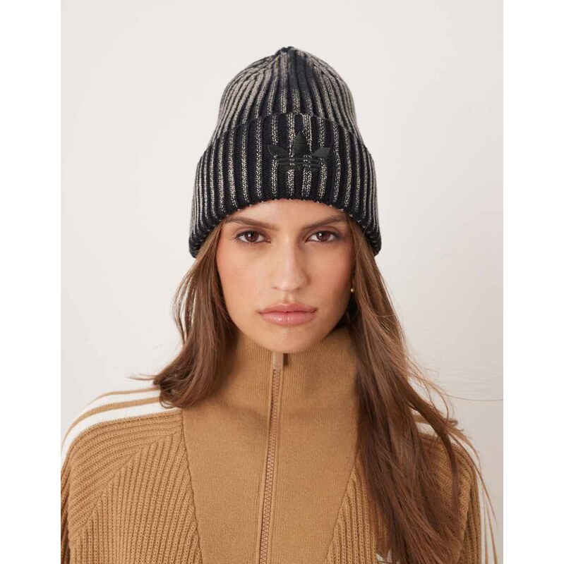 adidas Originals beanie with ribbed detail in washed stone-Black