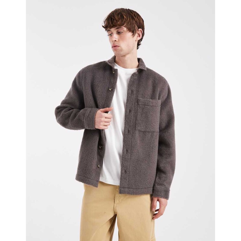 ASOS DESIGN brushed wool look overshirt in grey-Neutral