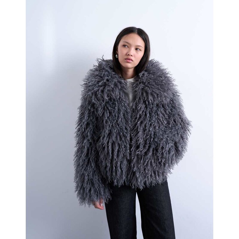 Topshop faux mongolian fur bomber coat in grey