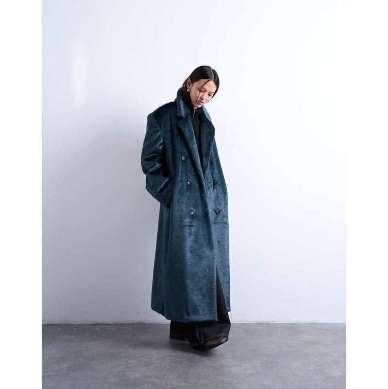 Topshop faux fur longline double breasted coat in teal-Green