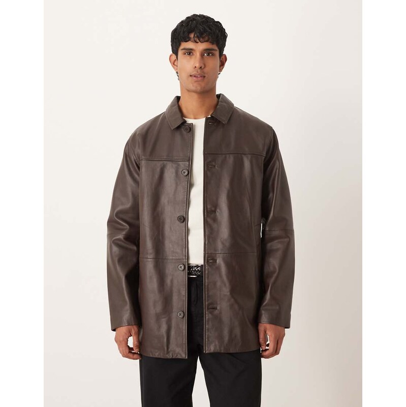 ASOS DESIGN mid length leather shacket in brown