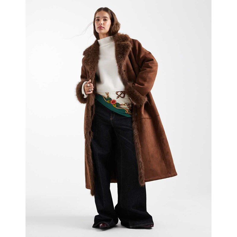 ASOS DESIGN longline faux fur bonded shearling jacket in brown 115513602