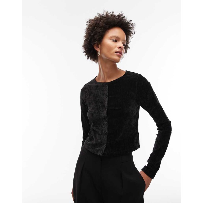 ASOS DESIGN textured velvet long sleeve button through top in black
