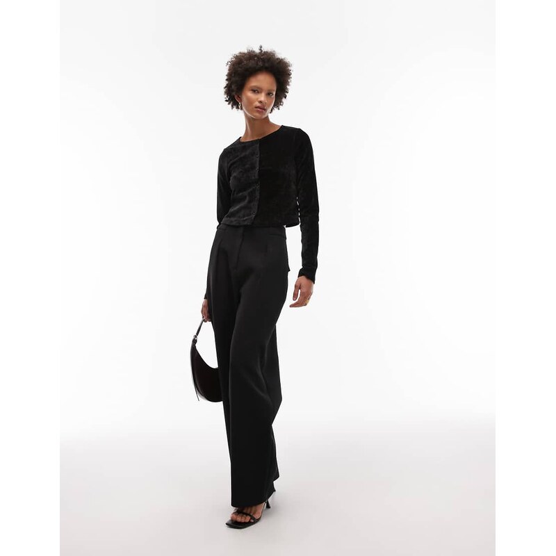 ASOS DESIGN textured velvet long sleeve button through top in black