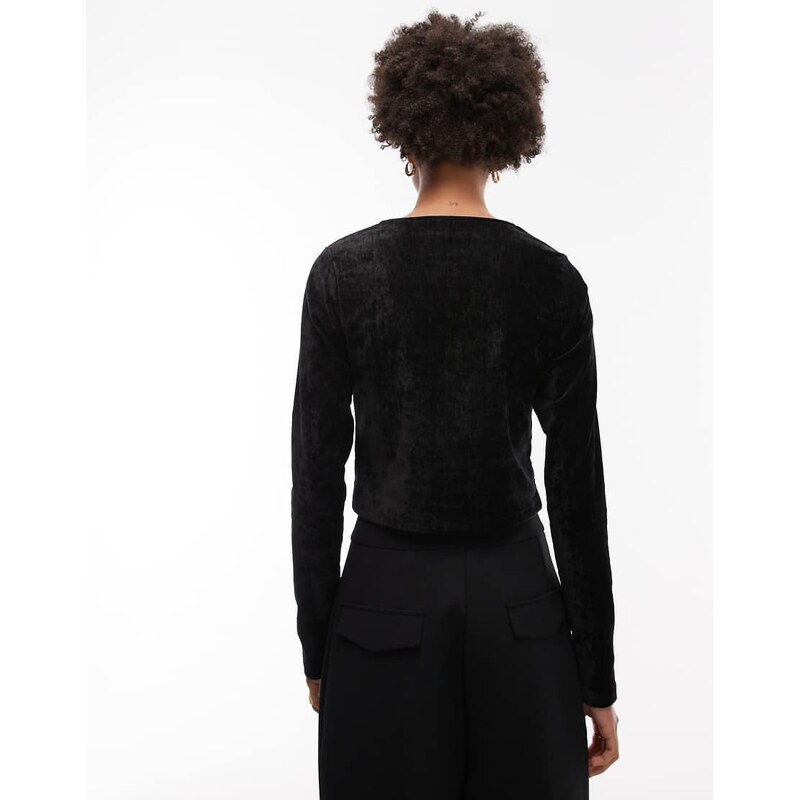 ASOS DESIGN textured velvet long sleeve button through top in black