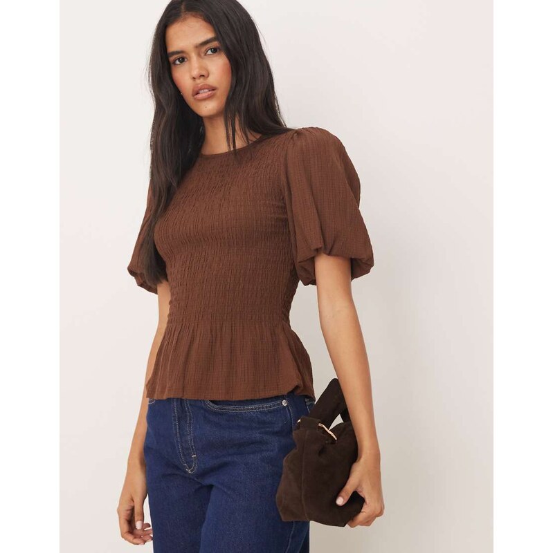 Threadbare long sleeve textured top with shirring in chocolate brown 102705378