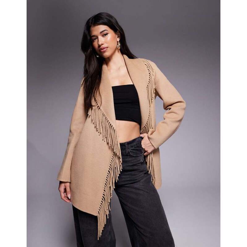 Forever New wool fringed coat in camel-Neutral 113262896