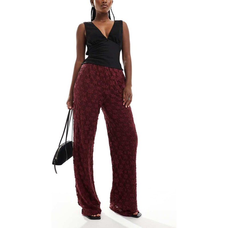 Threadbare Thredbare wide leg lace trousers in burgundy