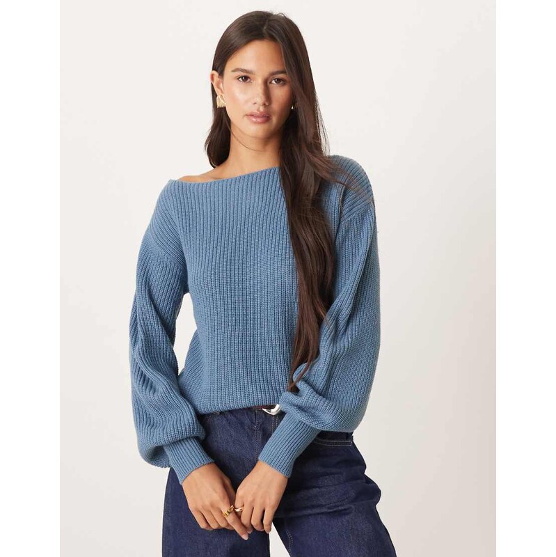Threadbare knitted boat neck jumper with balloon sleeve in blue 115514821