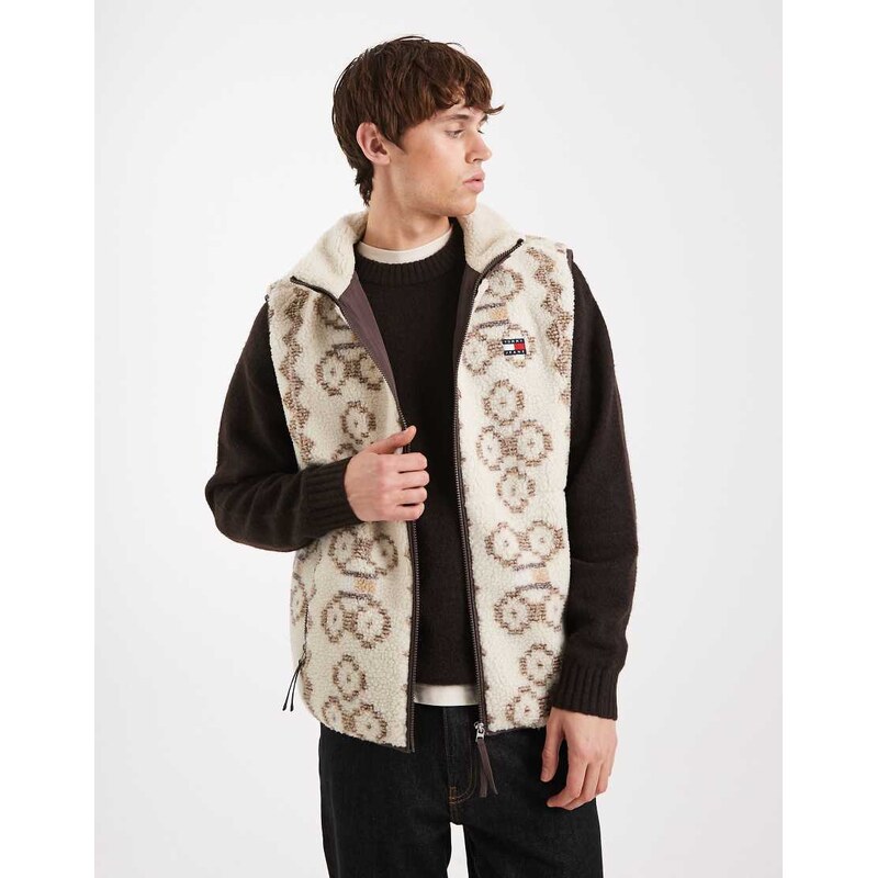 Tommy Jeans pattern teddy zip up gilet in brown