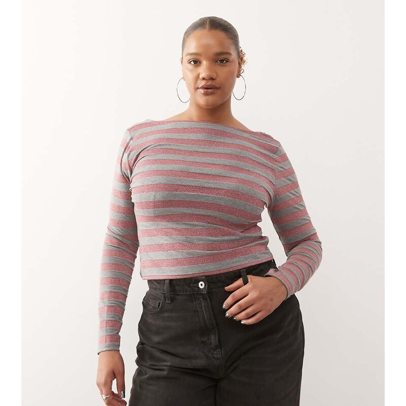 COLLUSION Plus stripe slash neck top in pink glitter stripe