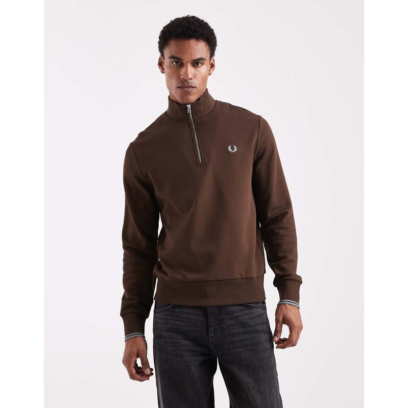 Fred Perry tipped half zip sweatshirt in burnt tobacco-Brown