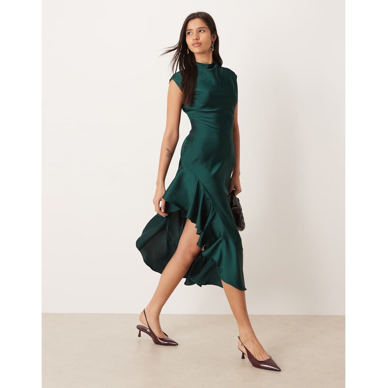 Ghospell satin high neck ruffle trim thigh split midi dress in emerald 110311640