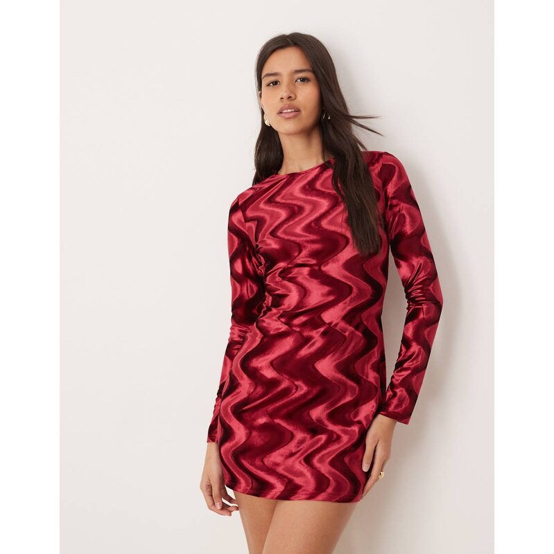 Ghospell exclusive Cecily velvet chevron mini dress in burgundy-Red 110311641