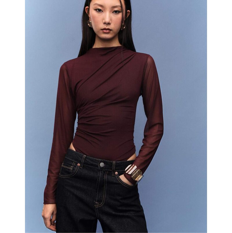 Stradivarius Gathered tulle bodysuit in purple 110311670