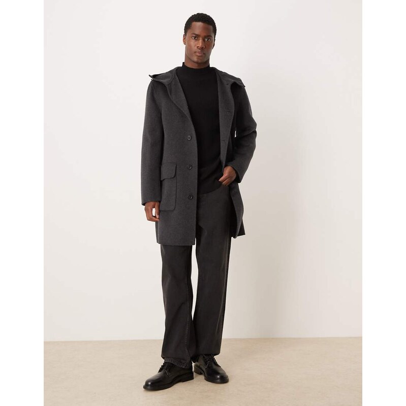 Mango wool mix long line relaxed fit coat with hood in charcoal