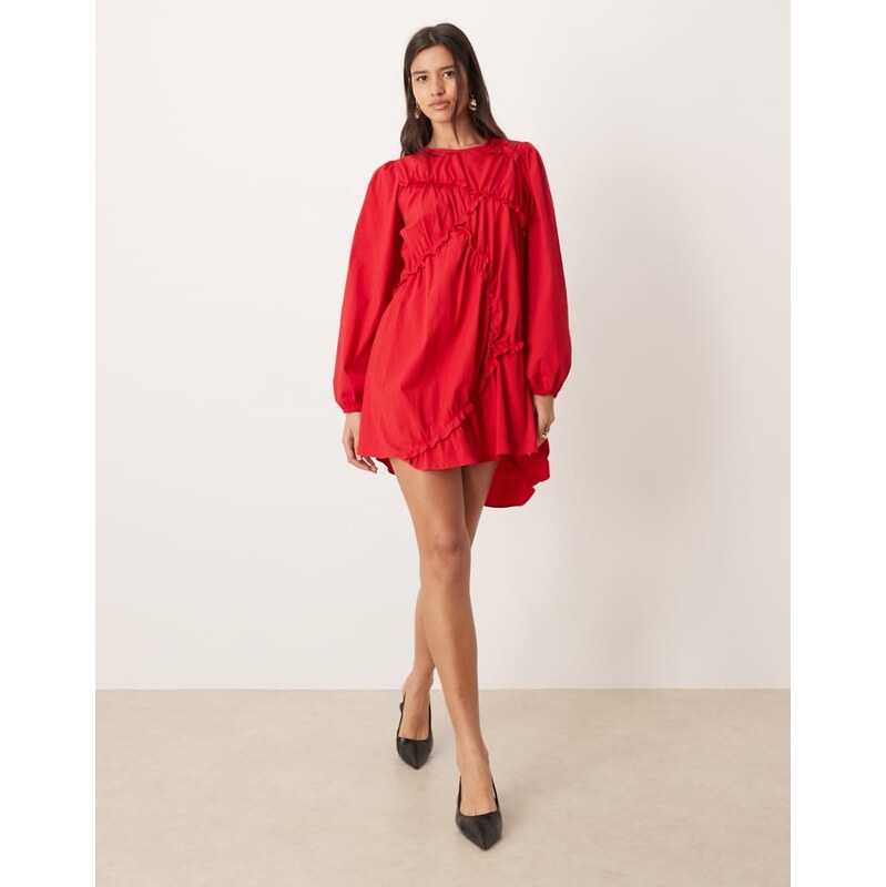 Ghospell textured cotton blend asymmetric ruched detail mini dress in 110323253