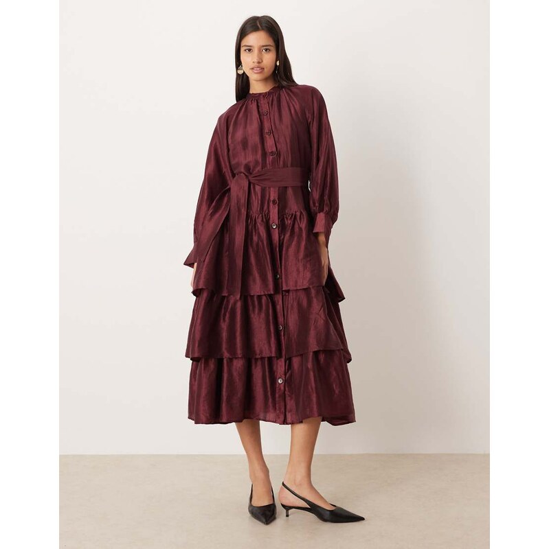Ghospell button up oversized tiered midi dress in burgundy 110323256