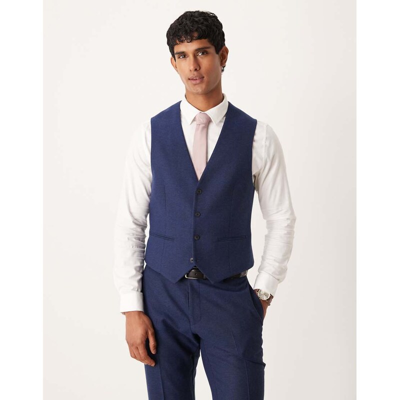 ASOS DESIGN slim herringbone suit waistcoat with wool in navy