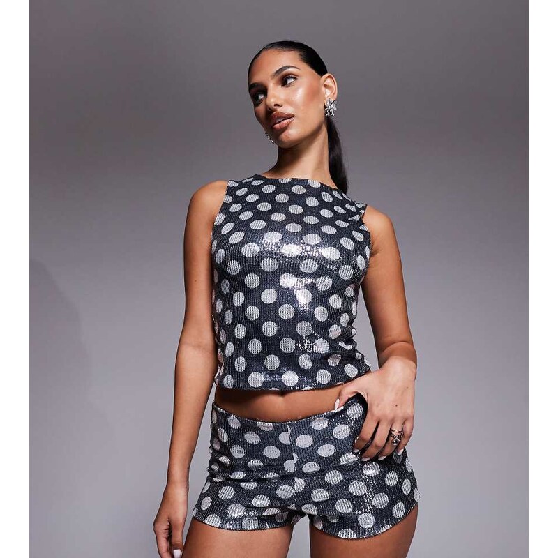 Kaiia exclusive sequin hot pants co-ord in mono polka dot-Multi
