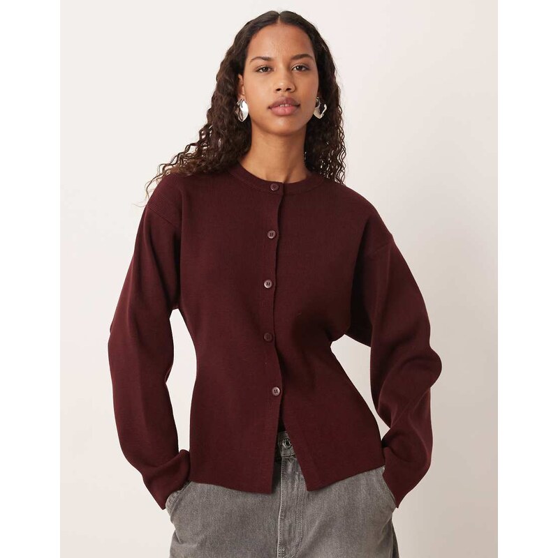 ASOS DESIGN knitted structured crew neck cardigan in plum-Purple 115518804