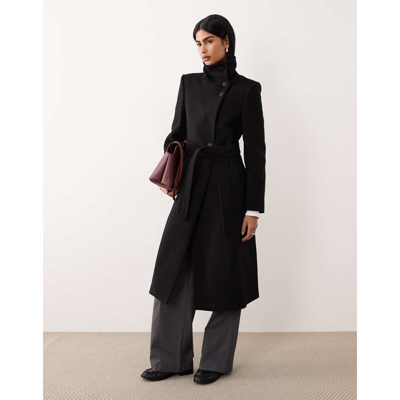 Mango wool mix tailored funnel neck coat in black 110323295