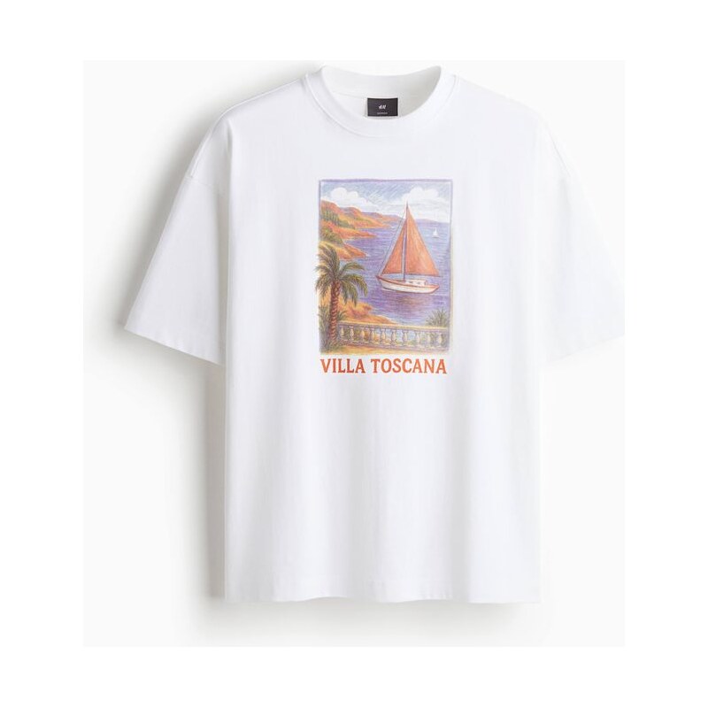 H&M - Tričkos potiskem Oversized Fit - Bílá/Villa Toscana
